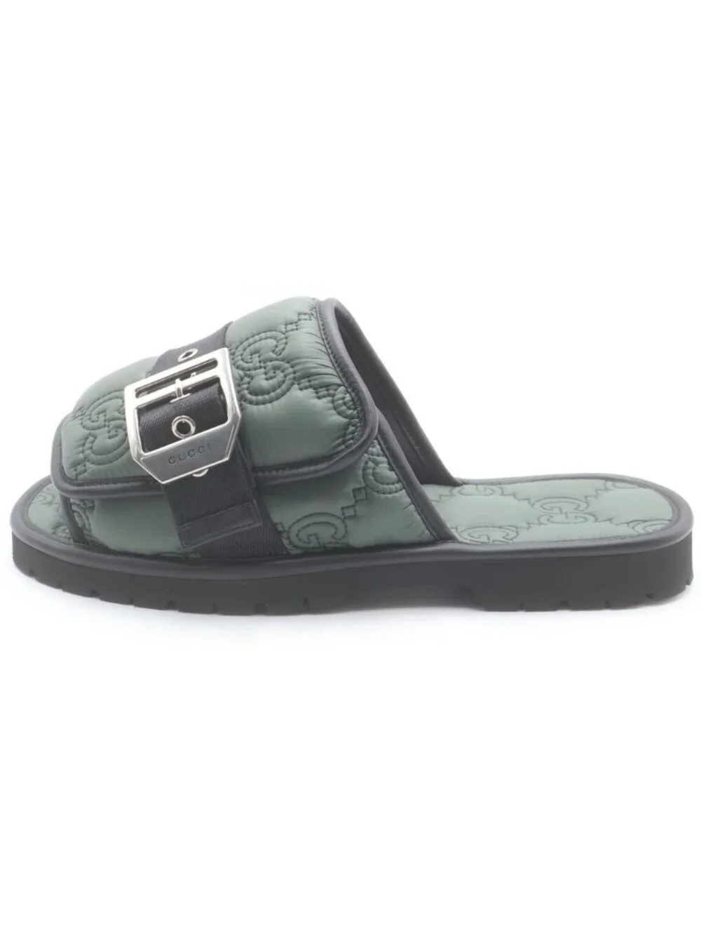 Gucci GG Quilted Nylon Leather Flat Sandals Shoes Green